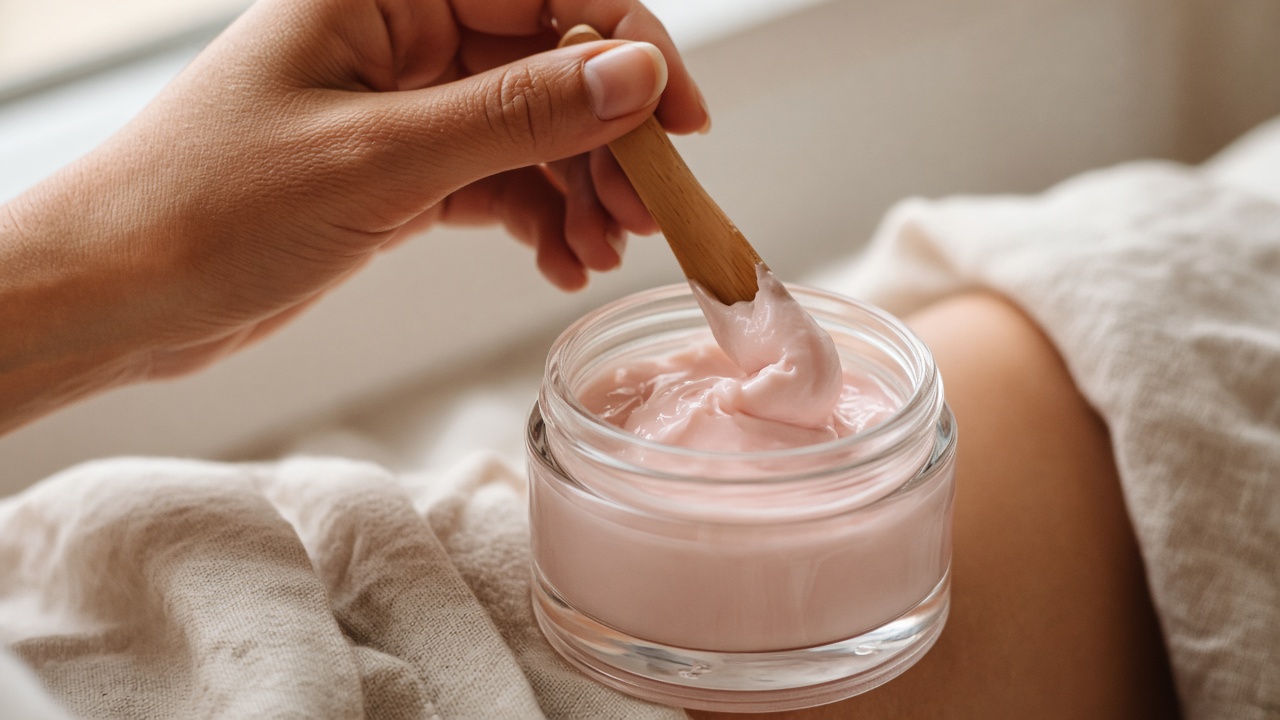A hand scooping blush-pink cream