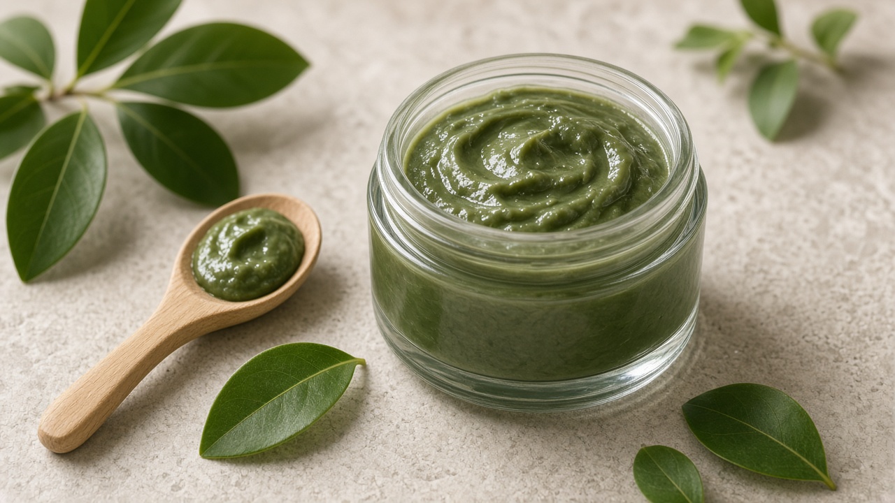 An open jar of green botanical cream