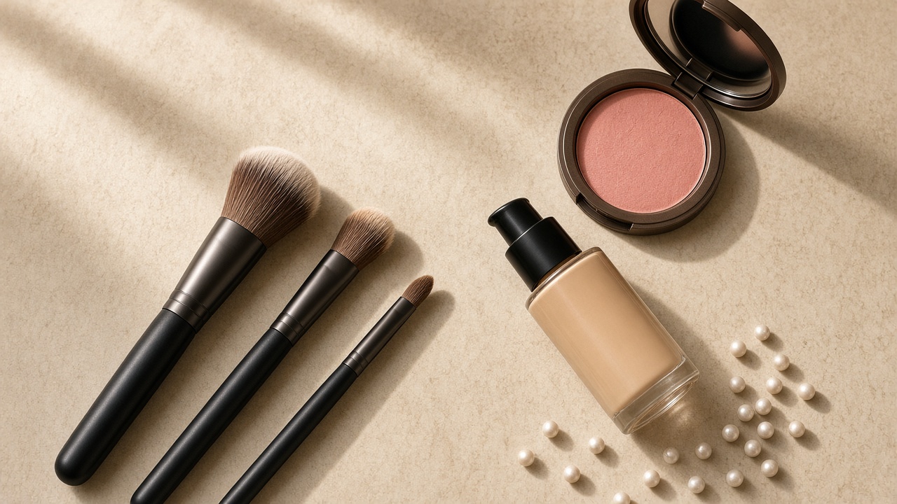Brushes, blush, and foundation arranged on a warm table