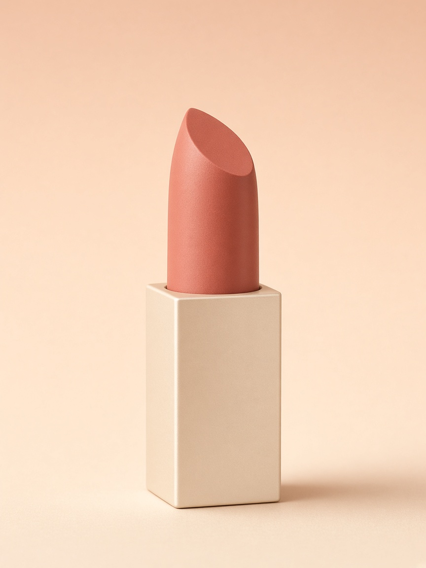 A coral lipstick standing on a cream background