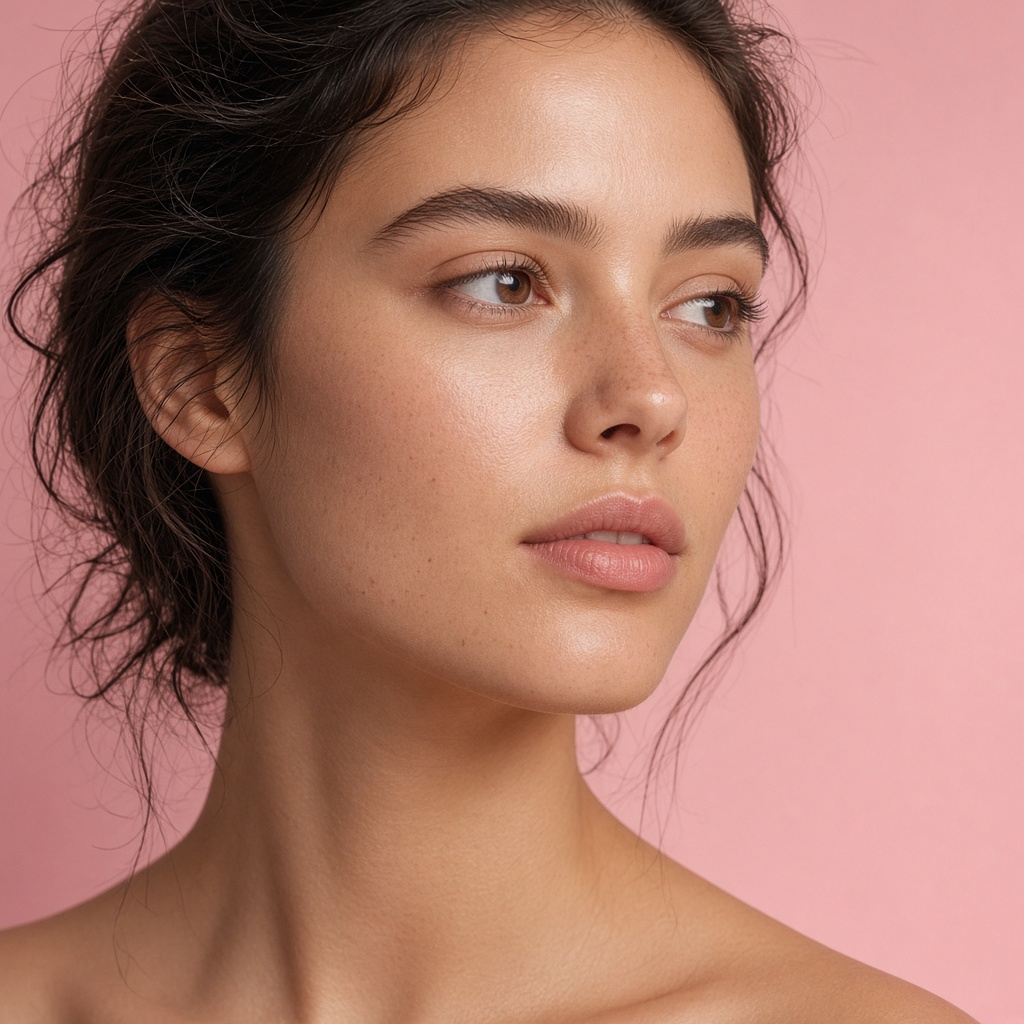 Dewy skin in soft pink light