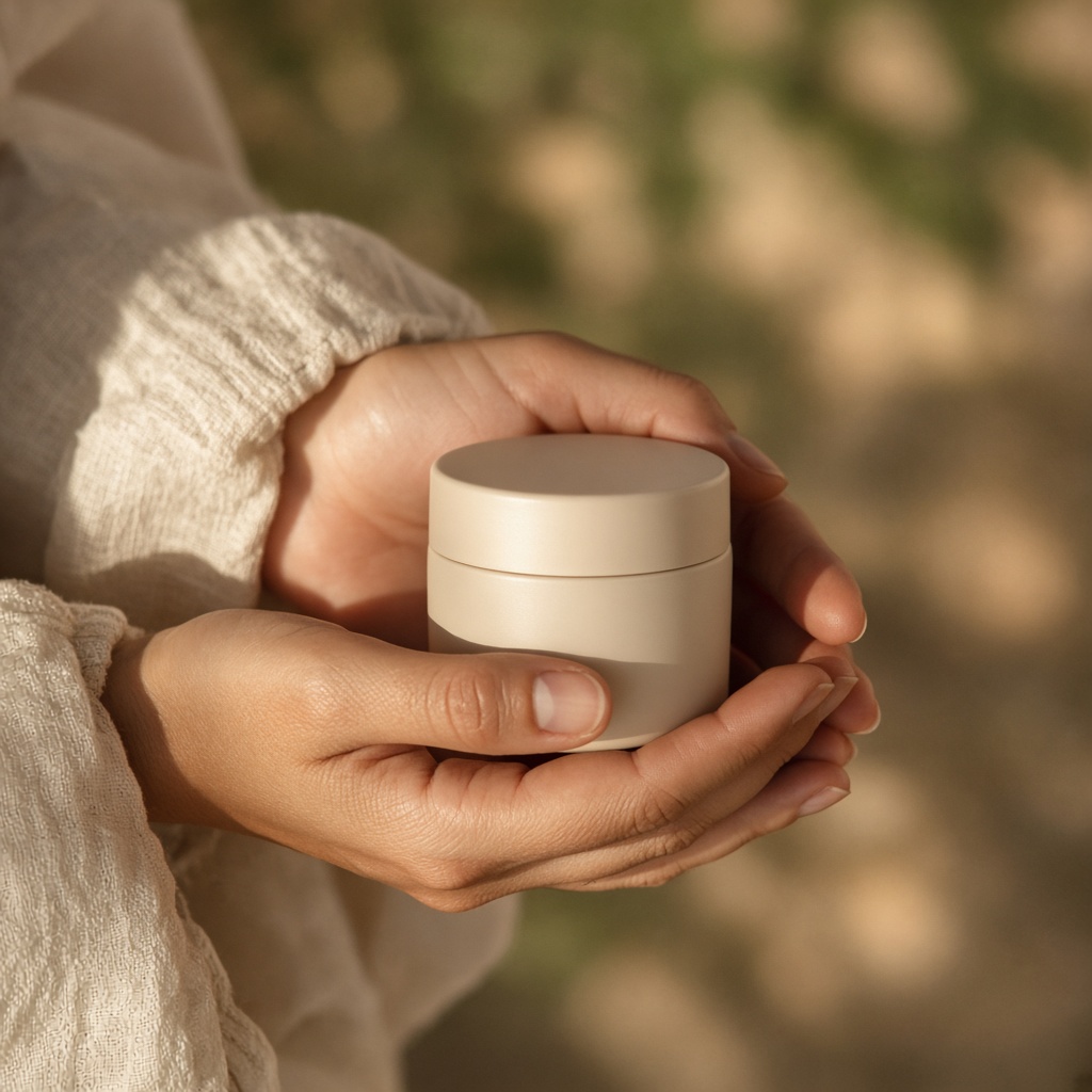 Hands holding a cream jar