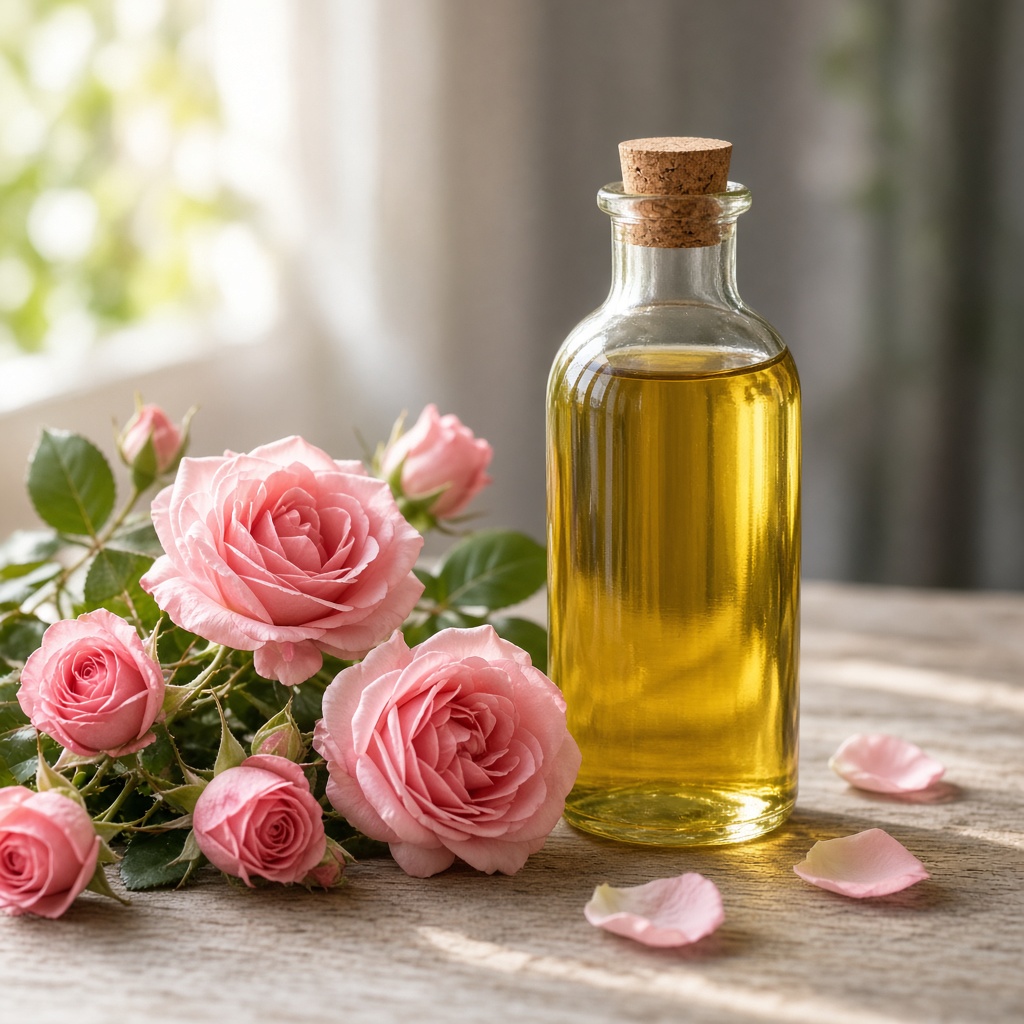 Roses beside a glass bottle